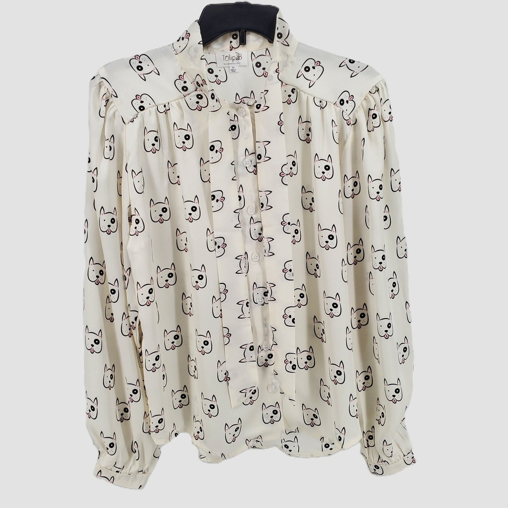Tulip B‎ Womens XL French Bulldog Dog Print Tie Neck Blouse Cream EBJT248 New